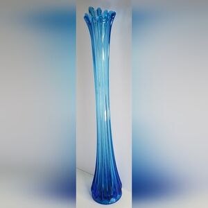 Vintage MCM L.E. Smith Peacock Blue Ribbed 12 Finger Swung Vase - 21" , Rare
